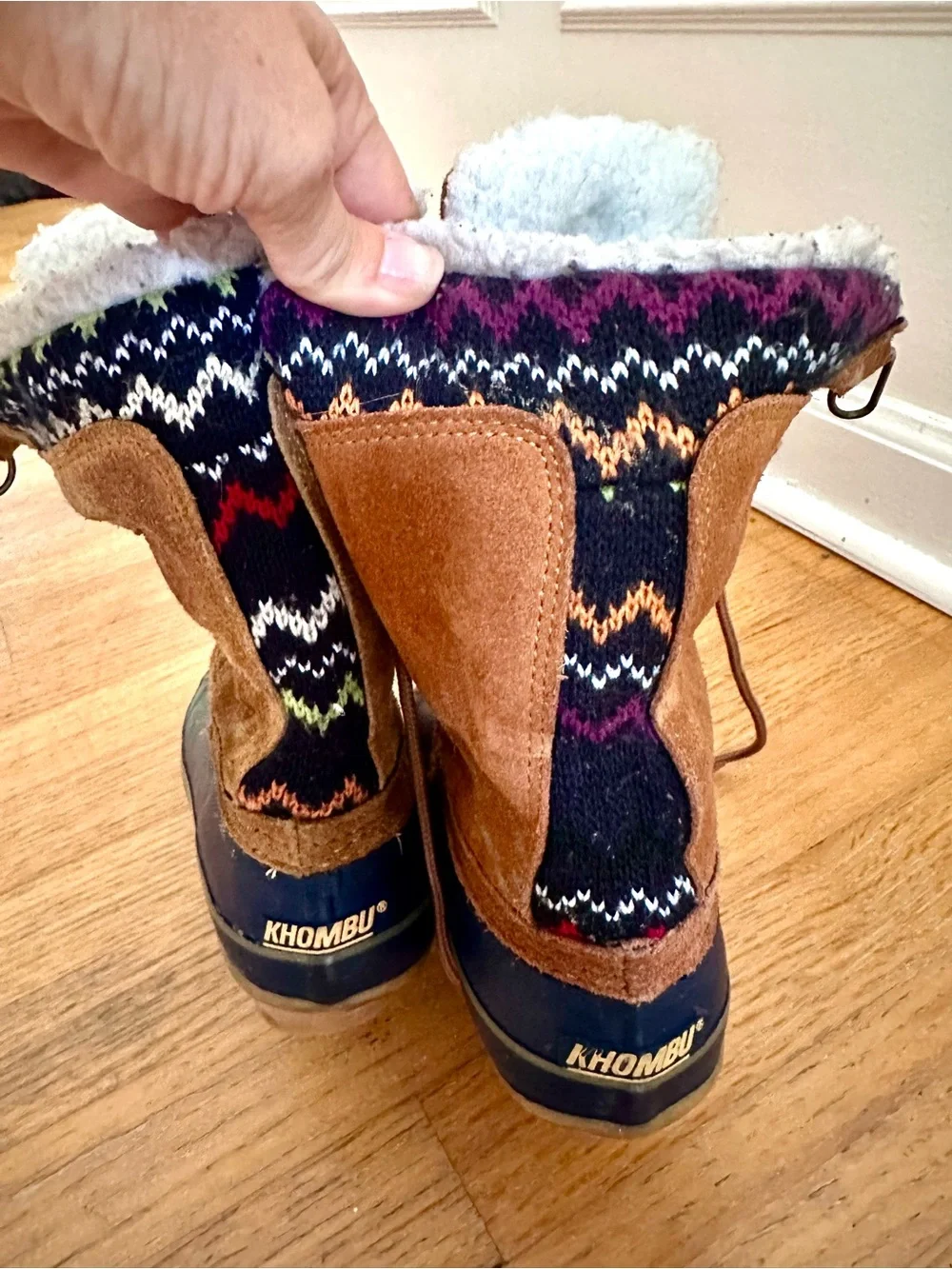Khombu Women’s Vail 7 Duck Boots Blue Suede Fair Isle Fleece Lined Snow Boots